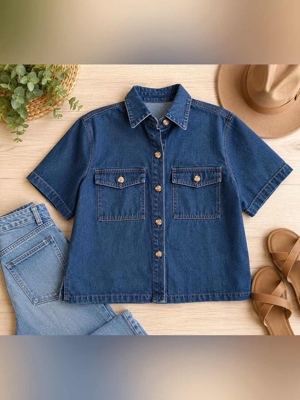 Bronzesnake Denim Button Front Utility Shirt 100% Cotton Short Sleeve XS
